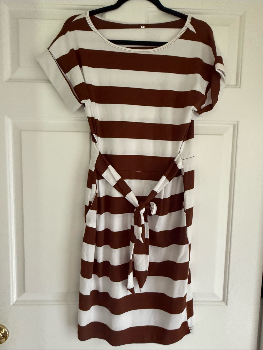 Striped Tie-Waist Midi Dress In Brown And White
